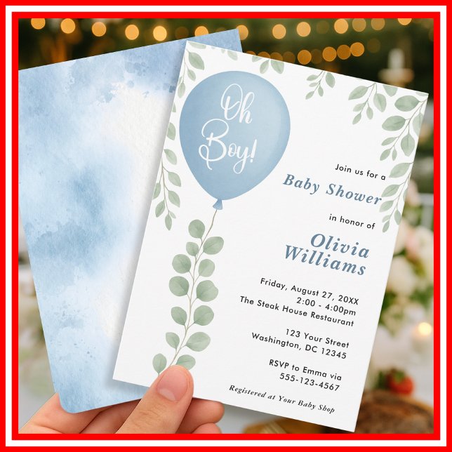 Oh Boy Eucalyptus Baby Shower Blue Balloon   Invitation (Creator Uploaded)