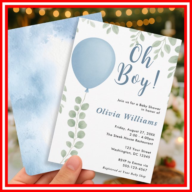 Oh Boy Eucalyptus Blue Balloon Baby Shower Invitation (Creator Uploaded)