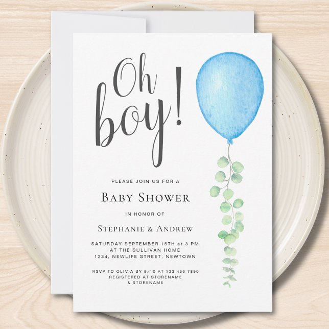Oh Boy Eucalyptus Blue Balloon Couples Baby Shower Invitation (Creator Uploaded)