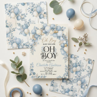 Oh Boy Eucalyptus Blue Balloons Baby Shower Invita Invitation