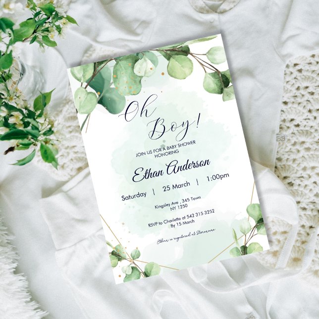 Oh Boy Eucalyptus leaves Baby Shower Invitation (Oh Baby Eucalyptus Leaves Baby Shower Invite)