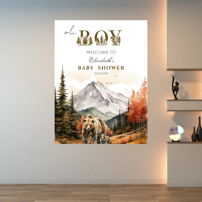 Oh Boy Fall Woodland Bear Mountain Baby Shower Poster (Creator Uploaded)