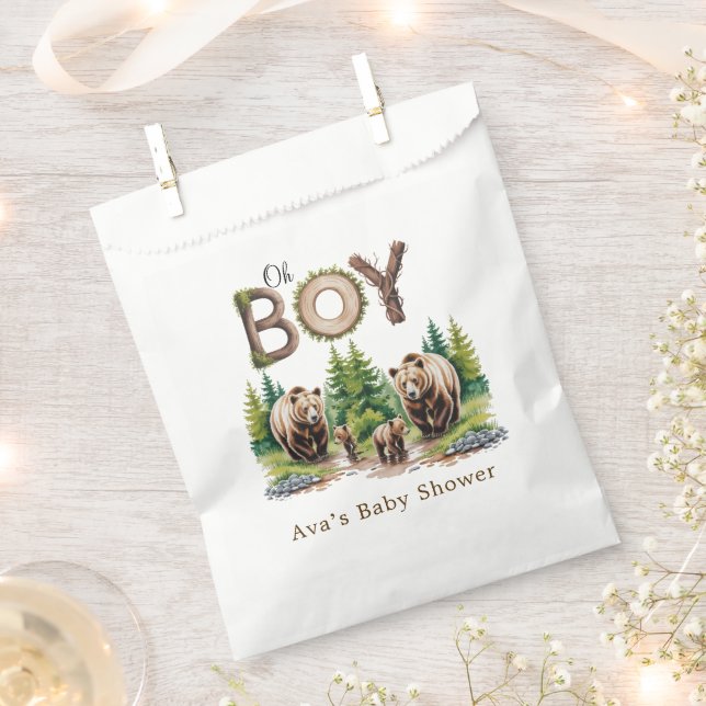 Oh Boy: Forest Wood Typography Bears Baby Shower Favour Bag (Clipped)