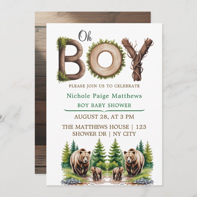 Oh Boy: Forest Wood Typography Bears Baby Shower Invitation (Front/Back)