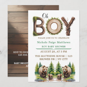 Oh Boy: Forest Wood Typography Bears Baby Shower Invitation
