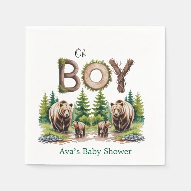 Oh Boy: Forest Wood Typography Bears Baby Shower Napkin (Front)