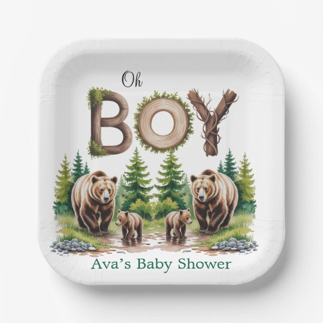 Oh Boy: Forest Wood Typography Bears Baby Shower Paper Plate (Front)