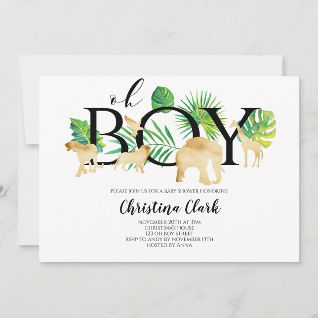 Oh Boy! Gold Faux Jungle animals Baby Shower Invitation (Front)