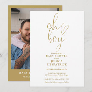 Oh Boy Gold Heart Script Boy Photo Baby Shower Invitation