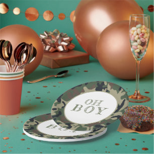 Oh Boy Green Camouflage Baby Shower Party Paper Plate