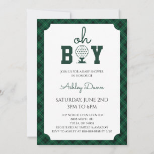 Oh Boy Green Gingham Golf Baby Shower Invitation
