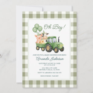 Oh Boy Green Tractor Baby Shower Invitation
