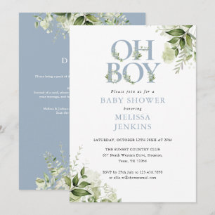 Oh Boy Greenery Dusty Blue All In One Baby Shower Invitation