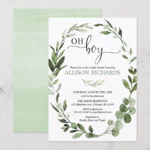 Oh Boy Greenery eucalyptus foliage baby shower Invitation