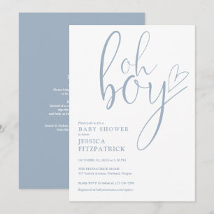 Oh Boy Heart Dusty Blue Boy All In One Baby Shower Invitation