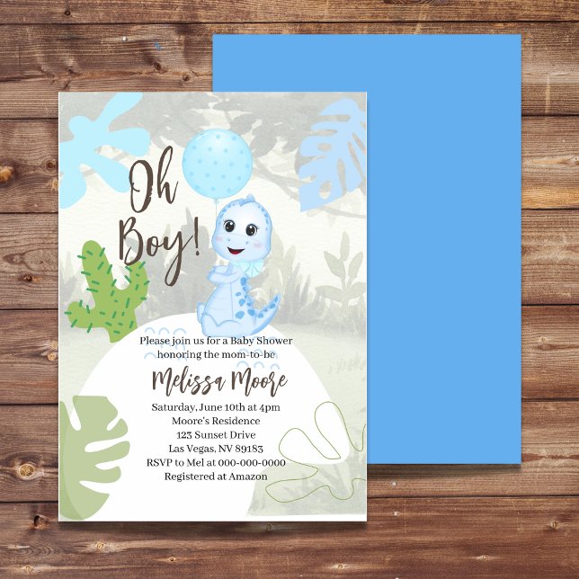 Oh Boy! Invitation Blue Balloon Baby Dinosaur  (Creator Uploaded)