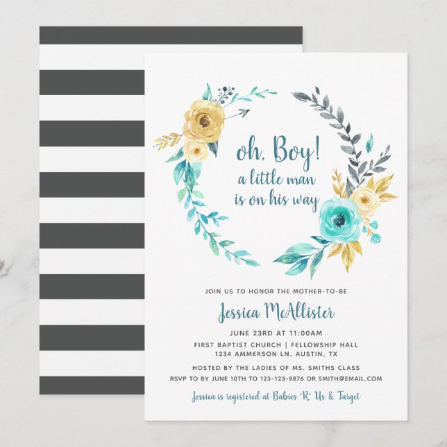 oh Boy Little Man Baby Shower dark Grey Invitation (Front/Back)