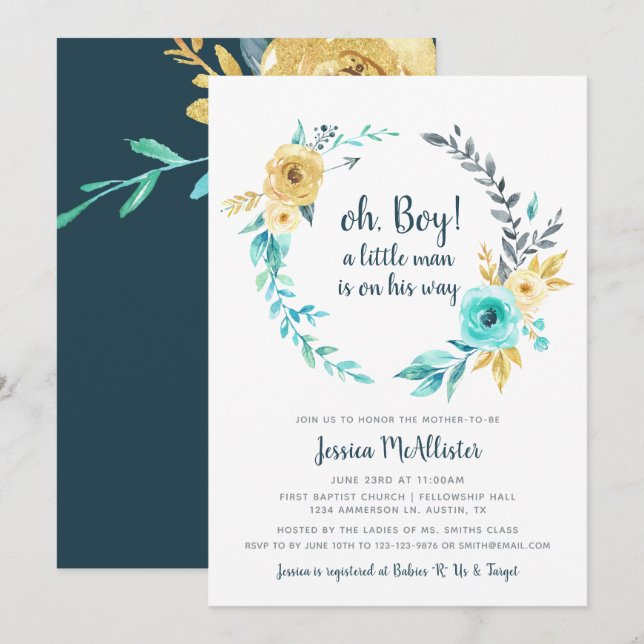 oh Boy Little Man Baby Shower dark teal Invitation (Front/Back)
