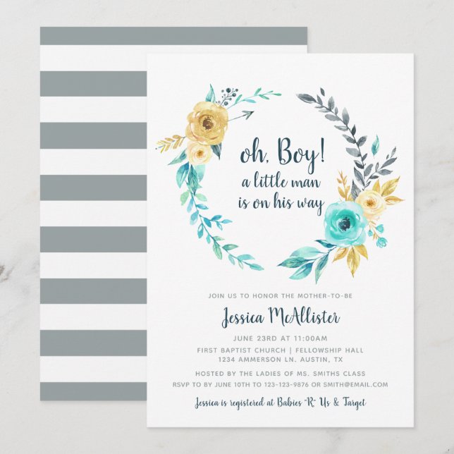 oh Boy Little Man Baby Shower Teal Gold Invitation (Front/Back)
