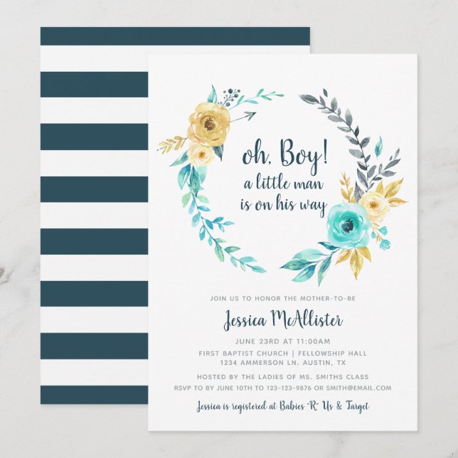 oh Boy Little Man Baby Shower Teal Invitation (Front/Back)