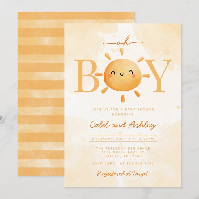 Oh Boy Little Ray of Sunshine Sun Baby Shower Invitation (Front/Back)