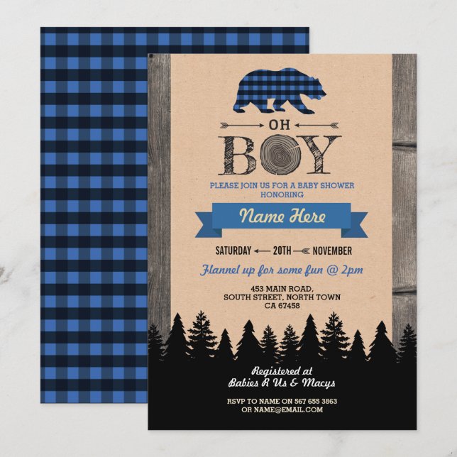 Oh Boy Lumberjack Baby shower Bleu Ours Invitation (Devant / Derrière)
