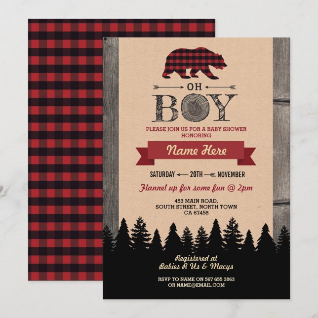 Oh Boy Lumberjack Baby Shower Red Bear Invite (Front/Back)