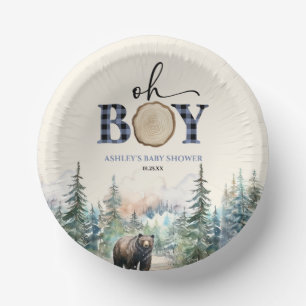 Oh Boy Lumberjack Woodland Forest Bear Baby Shower Paper Plate