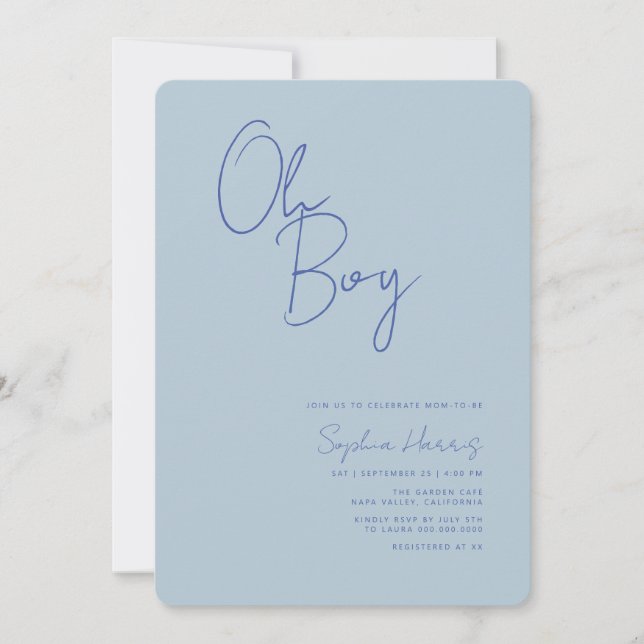 Oh Boy Minimalist Blue Baby Shower  Invitation (Front)