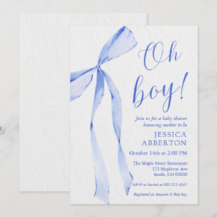 Oh boy! Modern Blue bow baby shower Invitation