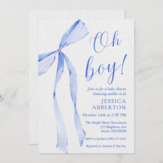 Oh boy! Modern Blue bow baby shower Invitation