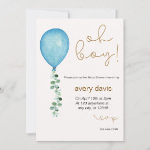 Oh boy modern eucalyptus blue balloons baby shower invitation