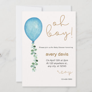 Oh boy modern eucalyptus blue balloons baby shower invitation