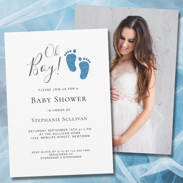  Oh Boy Modern Photo Blue Baby Shower Invitation (Creator Uploaded)