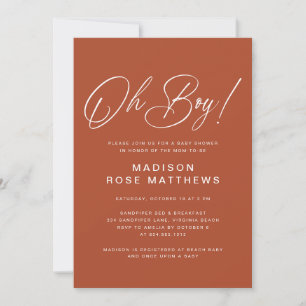 Oh Boy Modern Script Rust Baby Shower Invitation