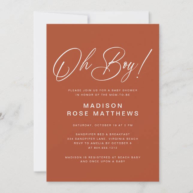Oh Boy Modern Script Rust   Baby Shower   Invitation (Front)