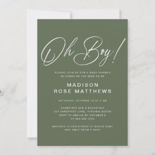 Oh Boy Modern Script Sage Olive Baby Shower   Invitation