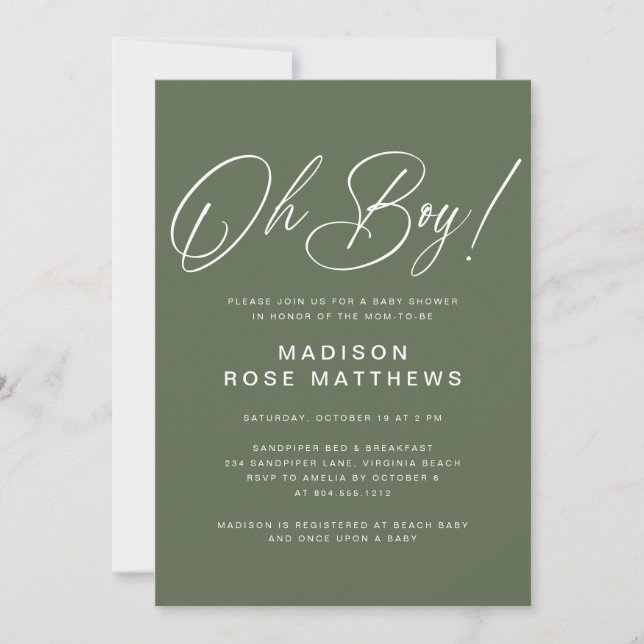 Oh Boy Modern Script Sage Olive Baby Shower   Invitation (Front)