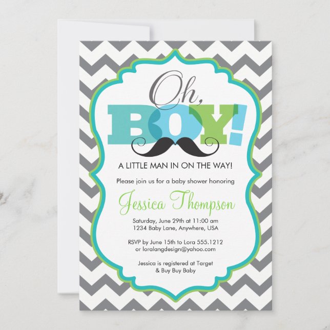 Oh Boy Moustache Baby Shower Invitation (Front)