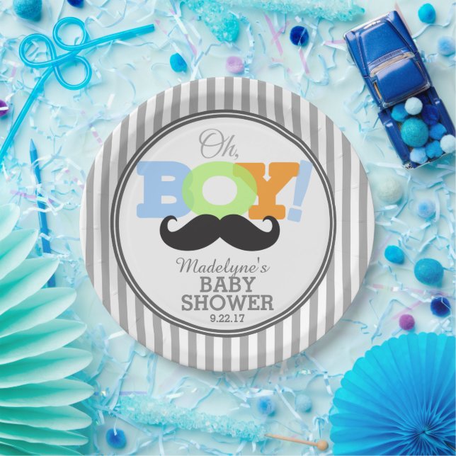 Oh Boy Moustache Baby Shower Paper Plate (Party)