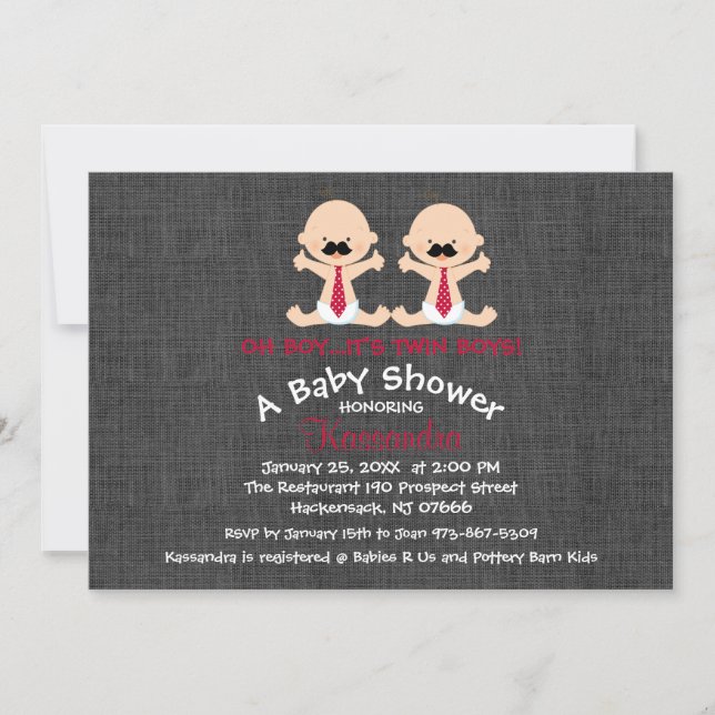 Oh Boy..Moustache Twin Boy Baby Shower Invitation (Front)