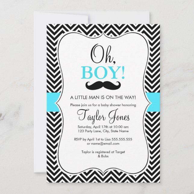 Oh Boy Mustache Baby shower Invitation / Bleu (Devant)