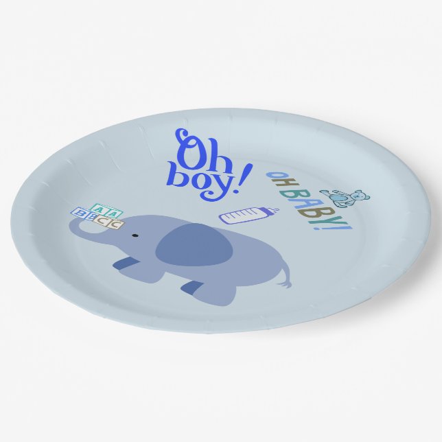 Oh Boy! Oh Baby! Blue Elephant Baby Shower Paper Plate (Angled)