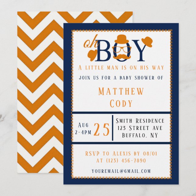 Oh Boy Orange et Baby shower bleu Invitation (Devant / Derrière)