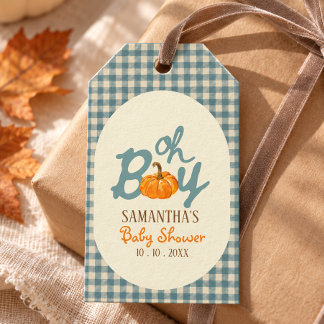 Oh boy pumpkin blue gingham baby shower gift tags