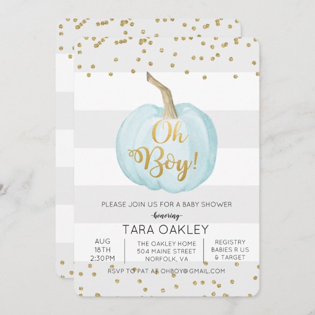 Oh Boy Pumpkin Glitter Baby Shower Invitation (Front/Back)