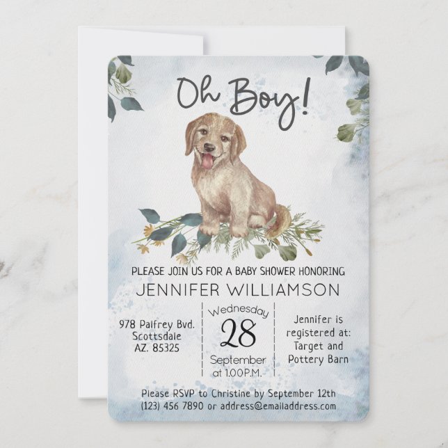 Oh Boy! Puppy Modern Watercolor Baby Shower Invitation (Front)