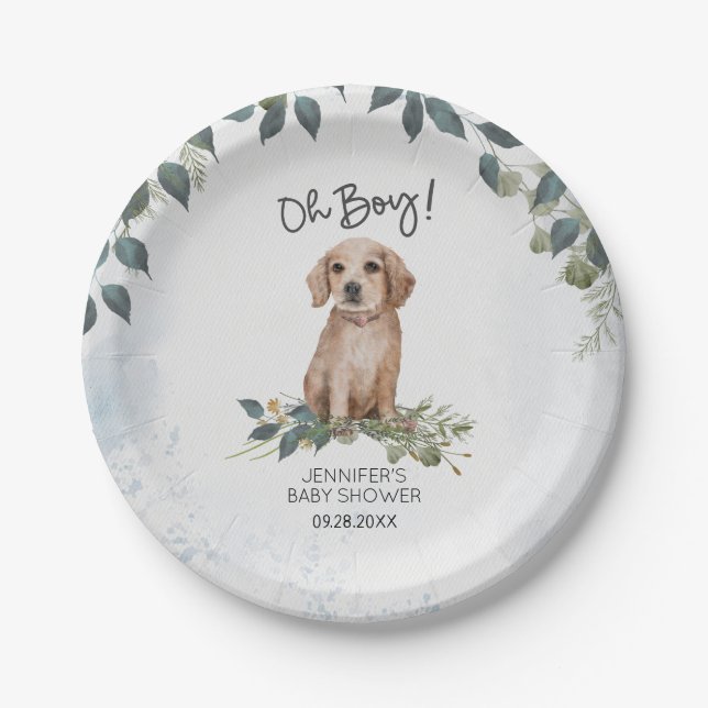 Oh Boy! Retriever Puppy Dog Custom Baby Shower Paper Plate (Front)