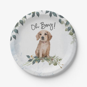 Oh Boy! Retriever Puppy Watercolor Dog Baby Shower Paper Plate