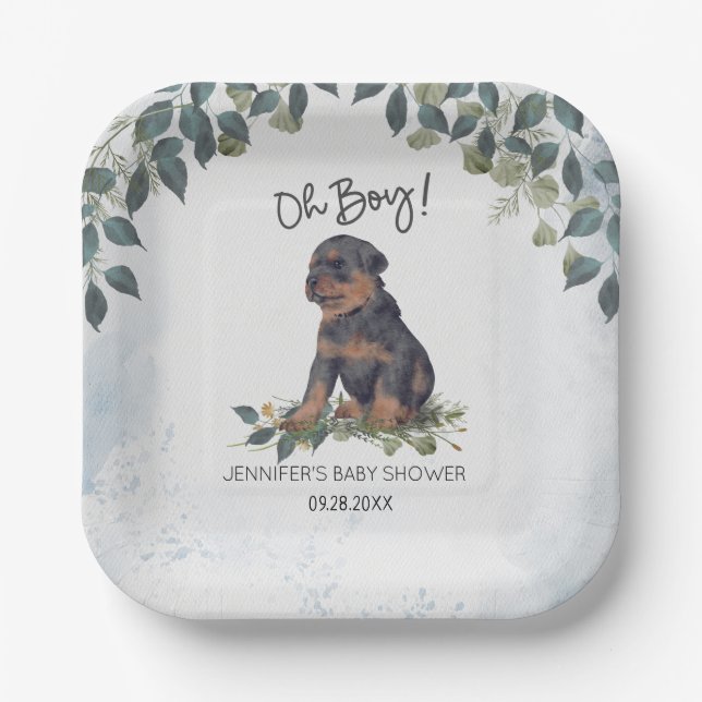 Oh Boy! Rottweiler Watercolor Dog Custom Paper Plate (Front)